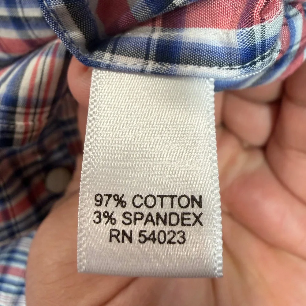 Banana Republic Mens Western Pearl Snap Plaid Shirt Red White Blue Large Stretch